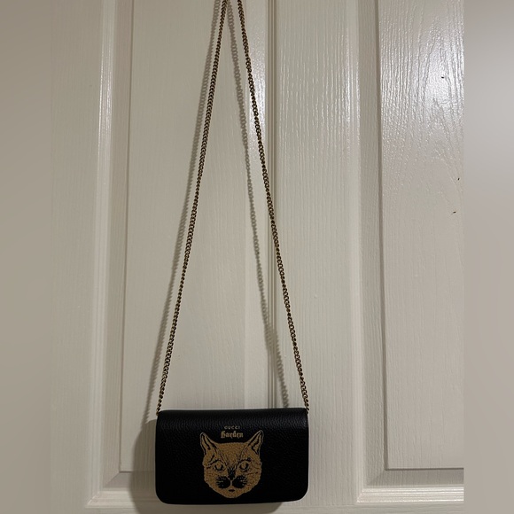 GUCCI Dollar Calfskin Garden Mystic Cat Chain Wallet in Black authentic new box - Picture 4 of 12